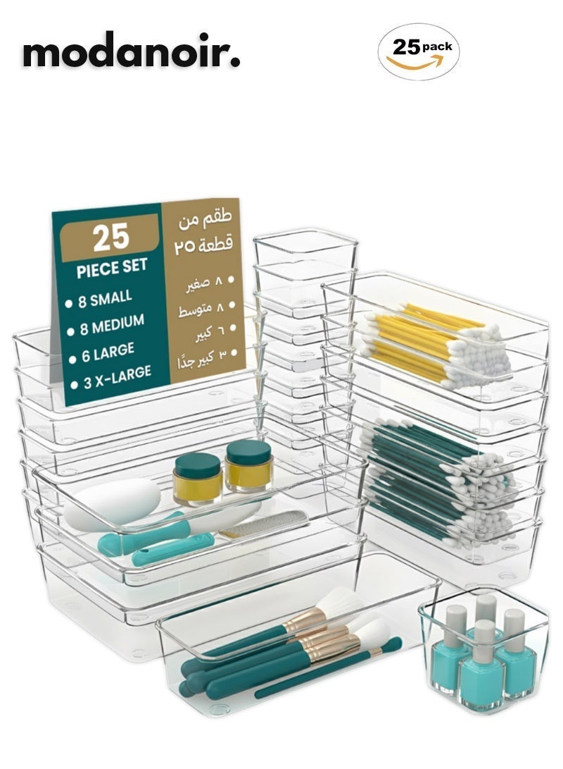 MODANOIR 25 PCS Clear Plastic Drawer Organizers Set (4 Sizes) Plastic Storage Trays for Kitchen Utensils, Makeup, Bathroom, Vanity, Office Desk, and Dresser Drawers - Image 1
